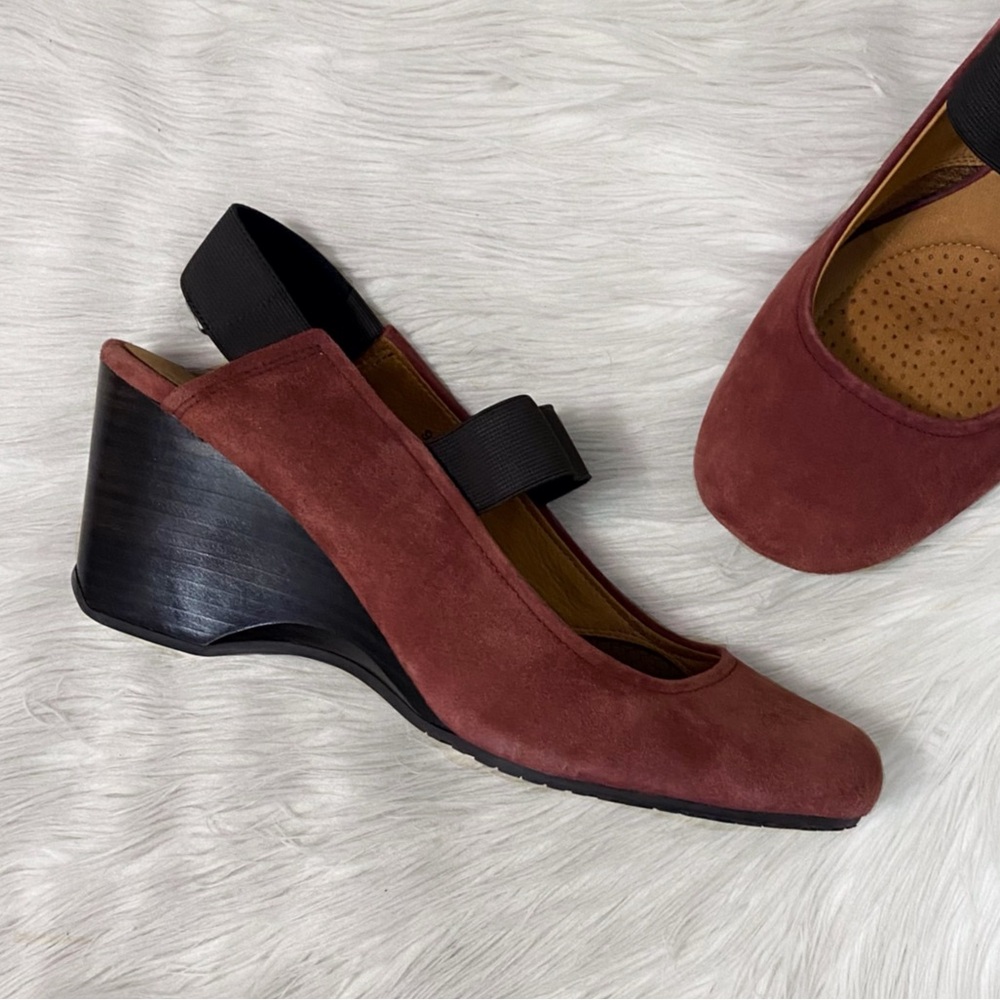 Gentle Souls Red Suede Ridge It Mary Jane Wedge Heels Elastic Vamp Slingback